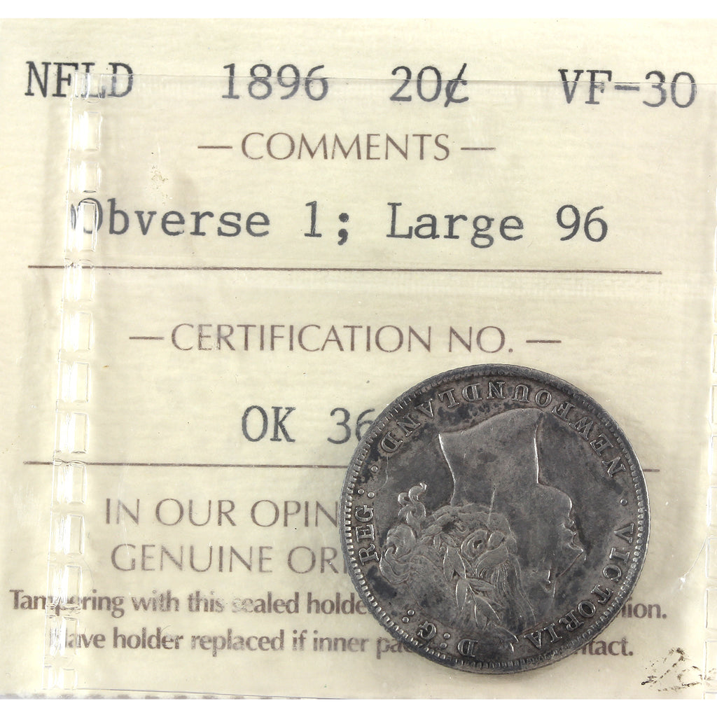 1896 Obv. 1 Large 96 Newfoundland 20-cents ICCS Certified VF30 toning