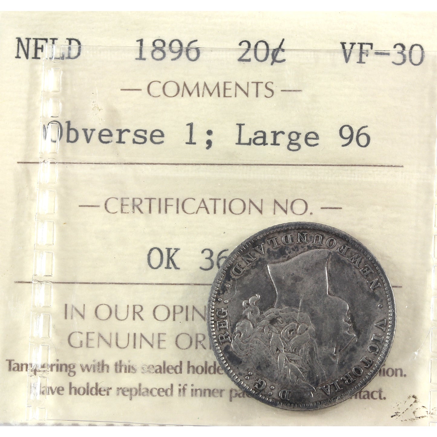 1896 Obv. 1 Large 96 Newfoundland 20-cents ICCS Certified VF30 toning