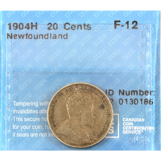 1904H Newfoundland 20-cents CCCS Certified F12 toning spot
