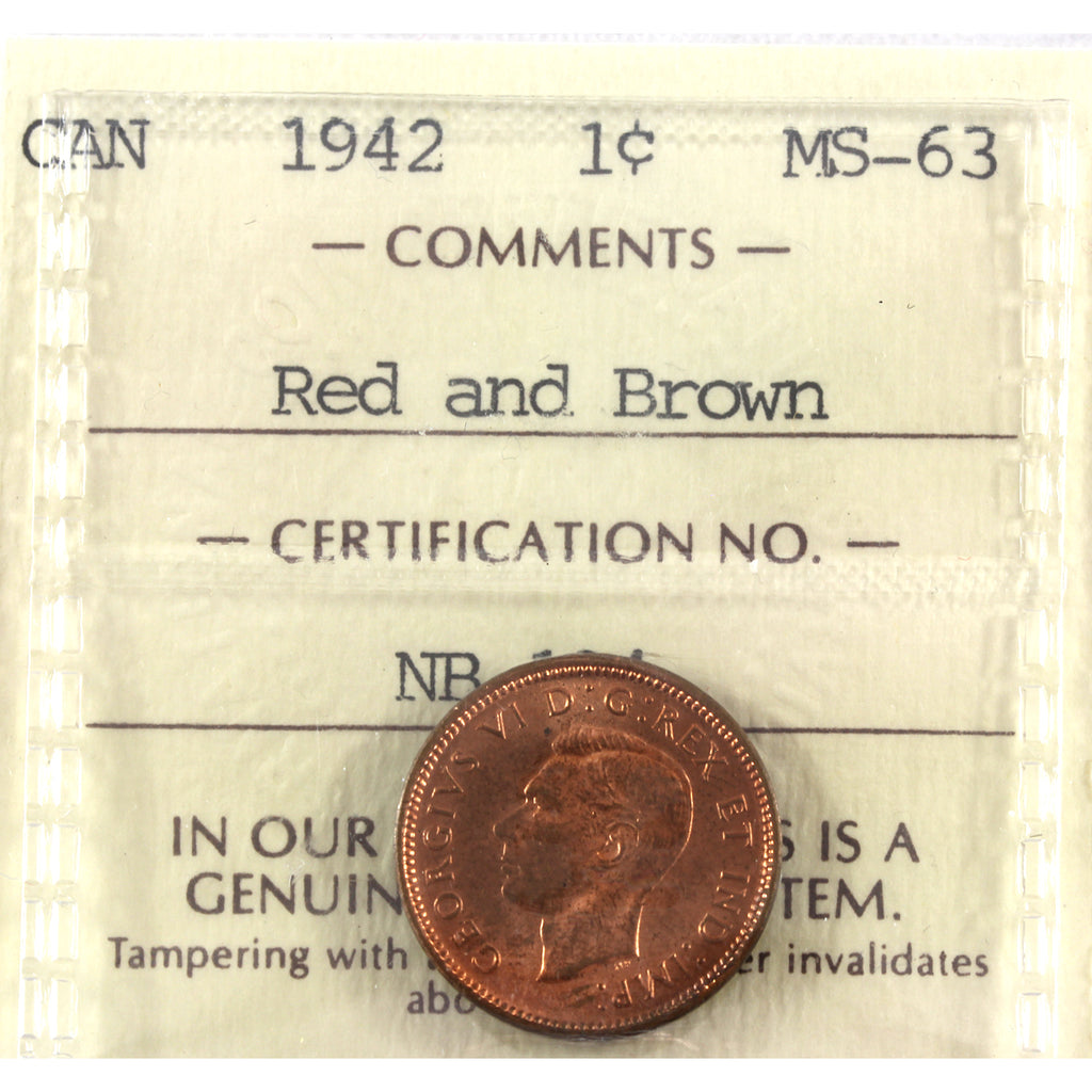 1942 Canada 1-cent ICCS Certified MS-63 Red and Brown