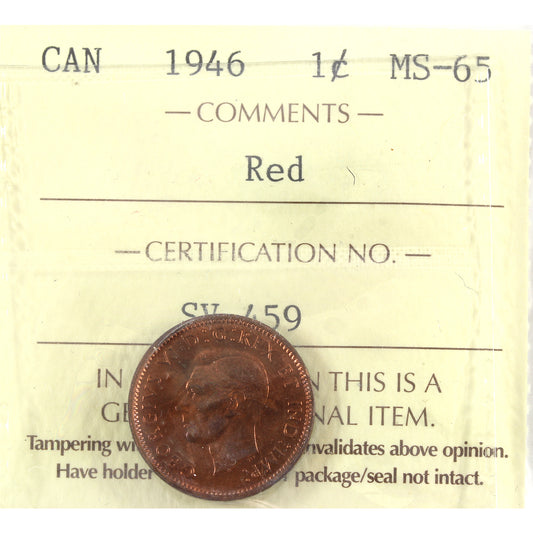 1946 Canada 1-cent ICCS Certified MS-65 Red (toned)
