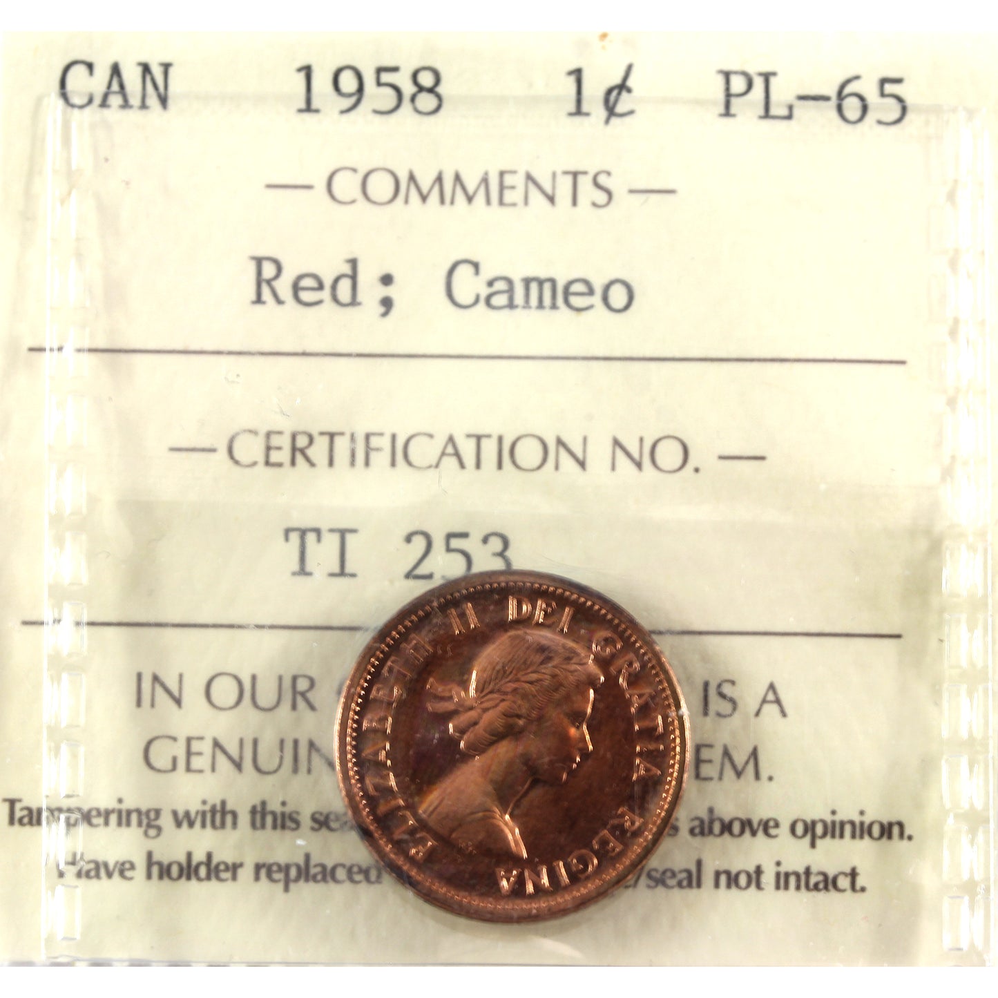 1958 Canada 1-cent ICCS Certified PL-65 Red; Cameo (toned)