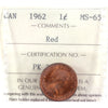 1962 Canada 1-cent ICCS Certified MS-65 Red (spots)