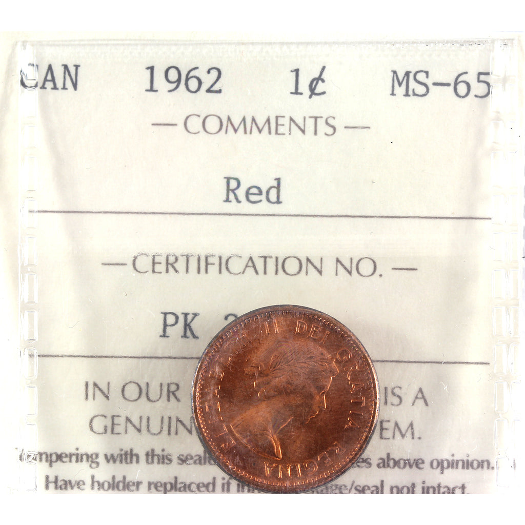 1962 Canada 1-cent ICCS Certified MS-65 Red (spots)