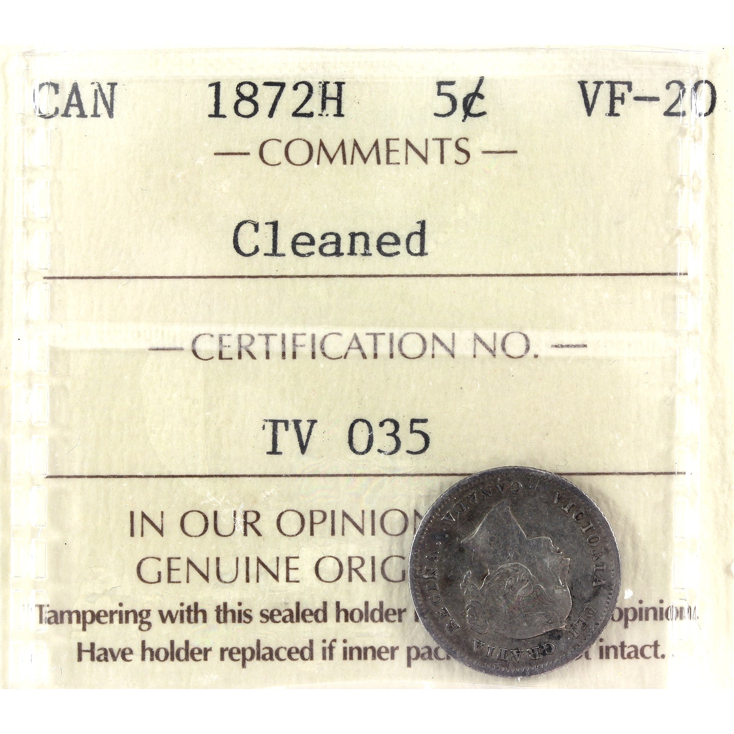 1875H Canada 5-cents ICCS Certified VF20 (cleaned)