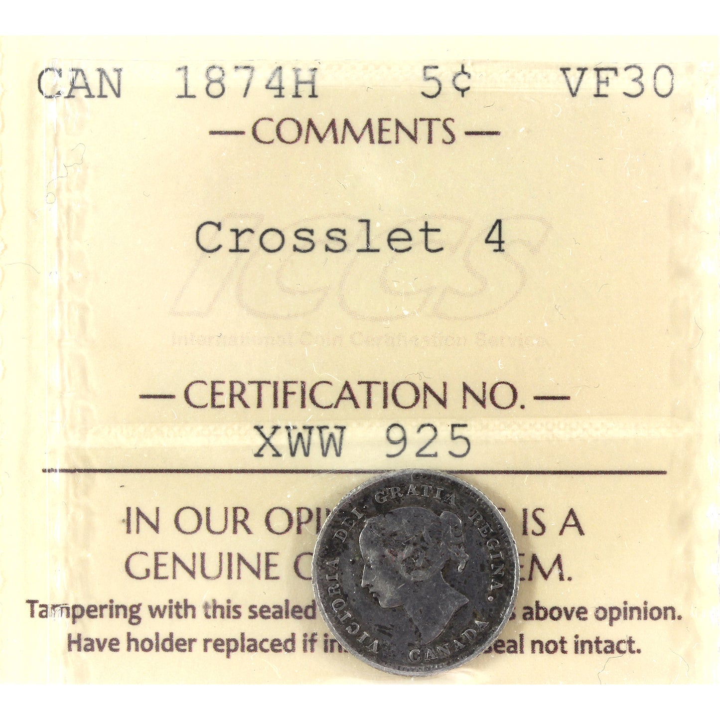 1874H Crosslet 4 Canada 5-cents ICCS Certified VF30 (toned)