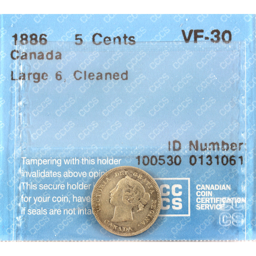1886 Large 6 Canada 5-cents CCCS Certified VF30 (cleaned)