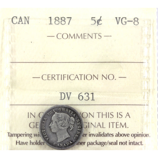 1887 Canada 5-cents ICCS Certified VG8 (toned)