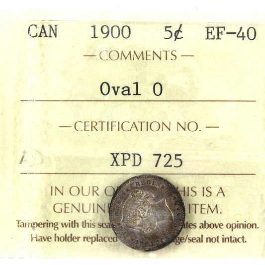 1900 Oval 0 Canada 5-cents ICCS Certified EF40 (toned)