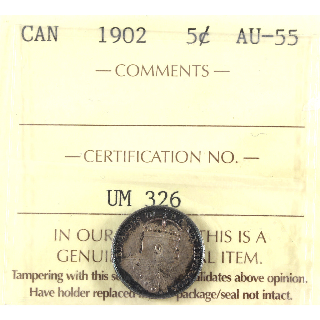 1902 Canada 5-cents ICCS Certified AU55 (toned)