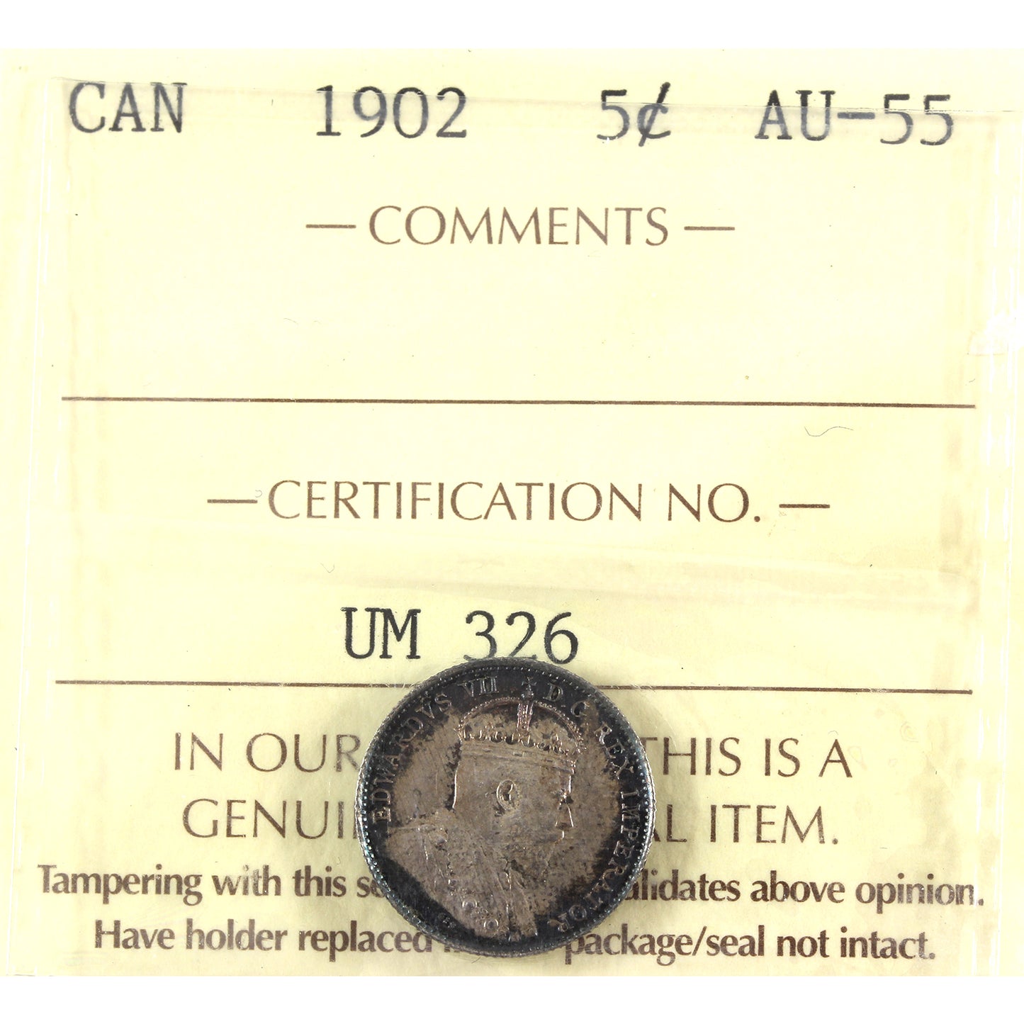 1902 Canada 5-cents ICCS Certified AU55 (toned)