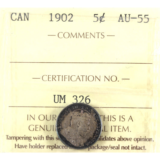 1902 Canada 5-cents ICCS Certified AU55 (toned)