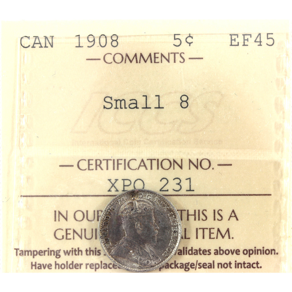 1908 Small 8 Canada 5-cents ICCS Certified EF45 (toned)