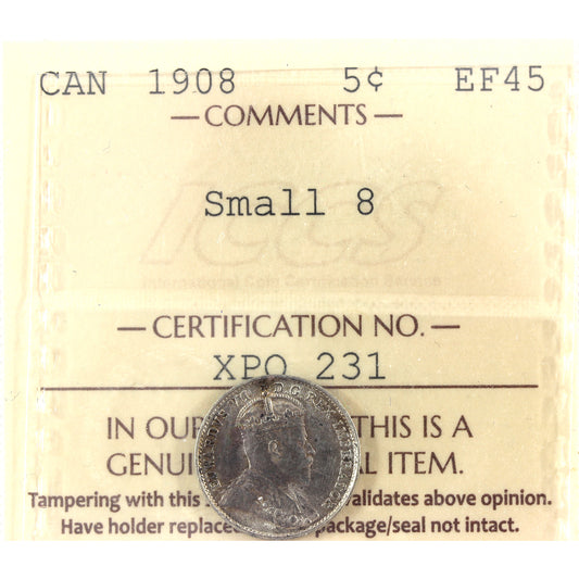 1908 Small 8 Canada 5-cents ICCS Certified EF45 (toned)