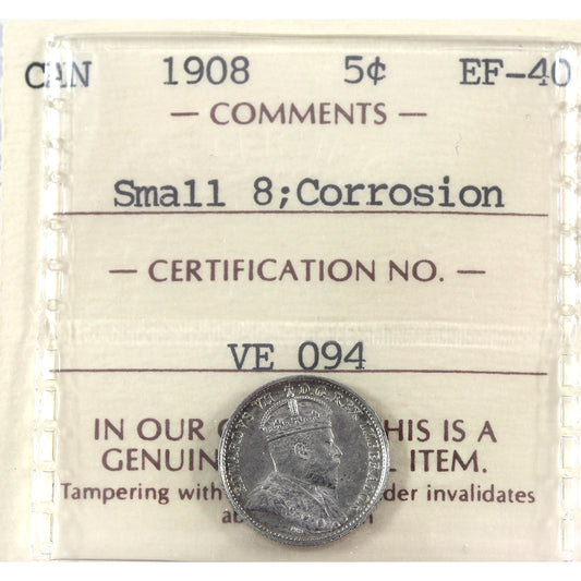 1908 Small 8 Canada 5-cents ICCS Certified EF40 (corrosion)