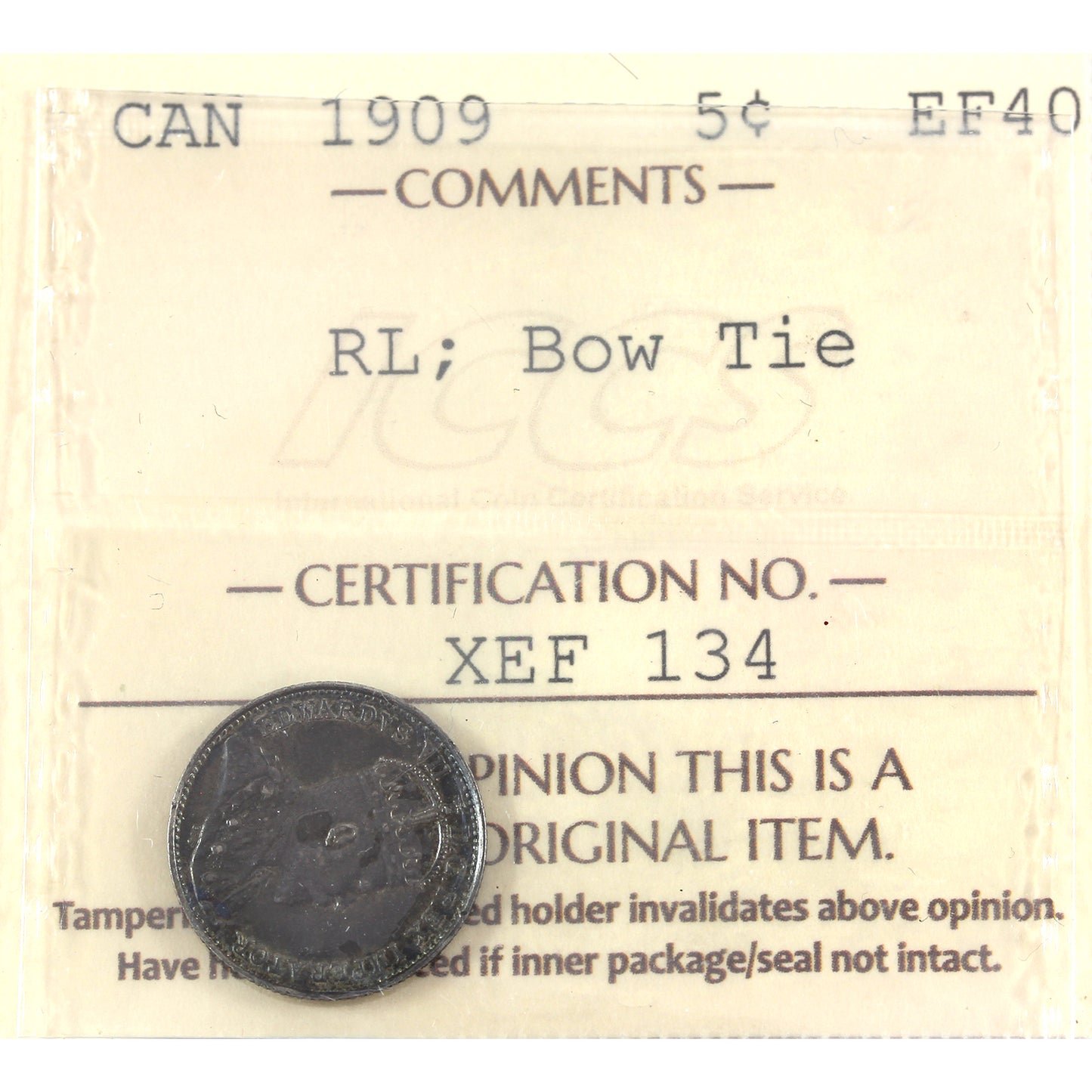 1909 Round Leaves, Bow Tie Canada 5-cents ICCS Certified EF40 (toned)