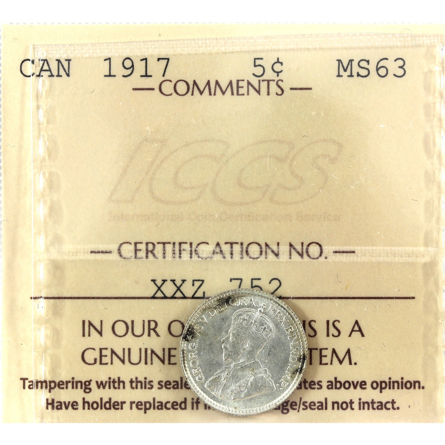 1917 Canada 5-cents ICCS Certified MS-63 (toned)