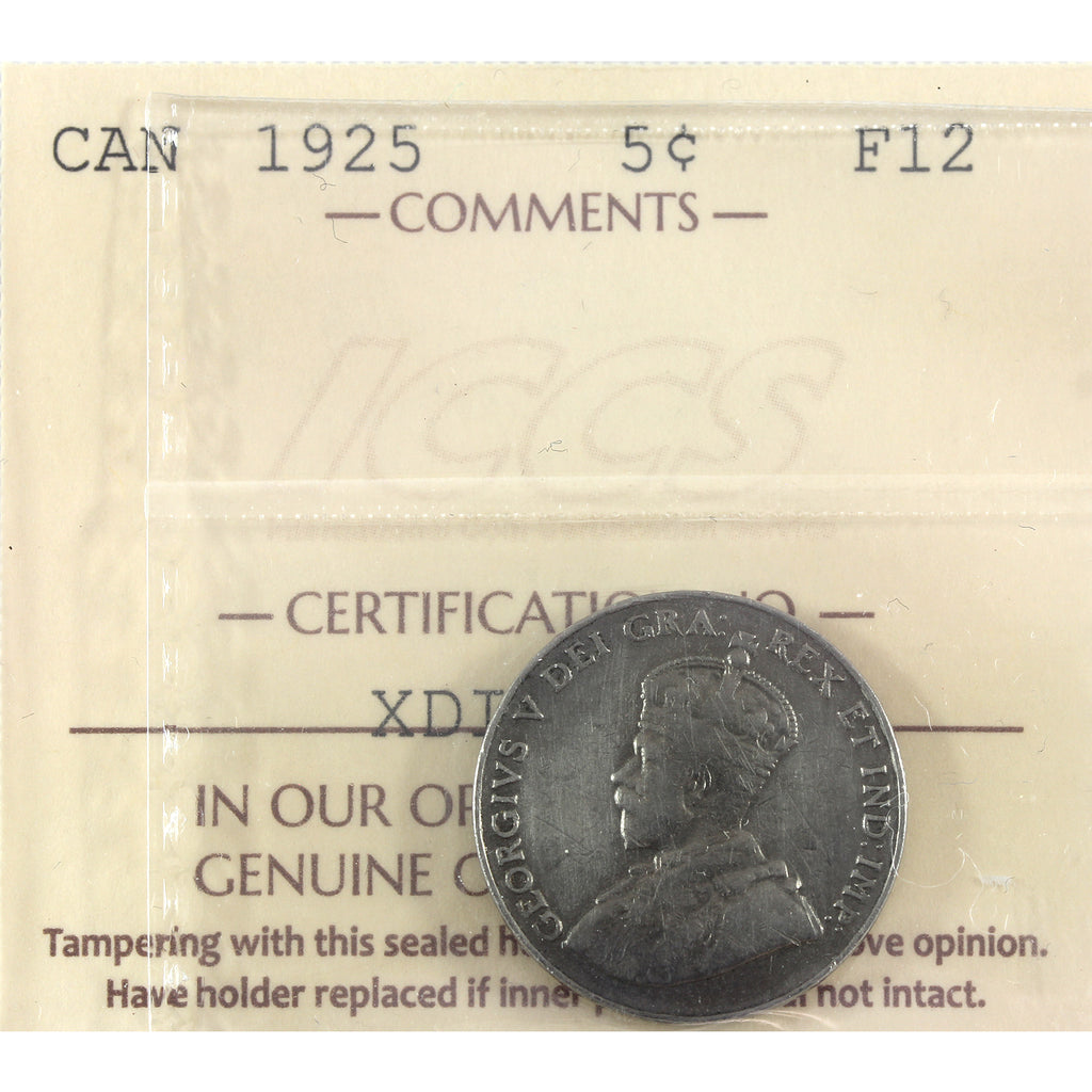 1925 Canada 5-cents ICCS Certified F12 (scratched)