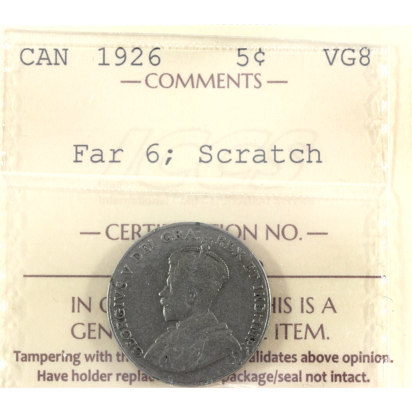 1926 Far 6 Canada 5-cents ICCS Certified VG8 (scratch)