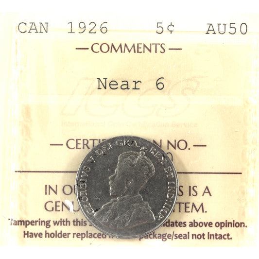 1926 Near 6 Canada 5-cents ICCS Certified AU50 (toning)