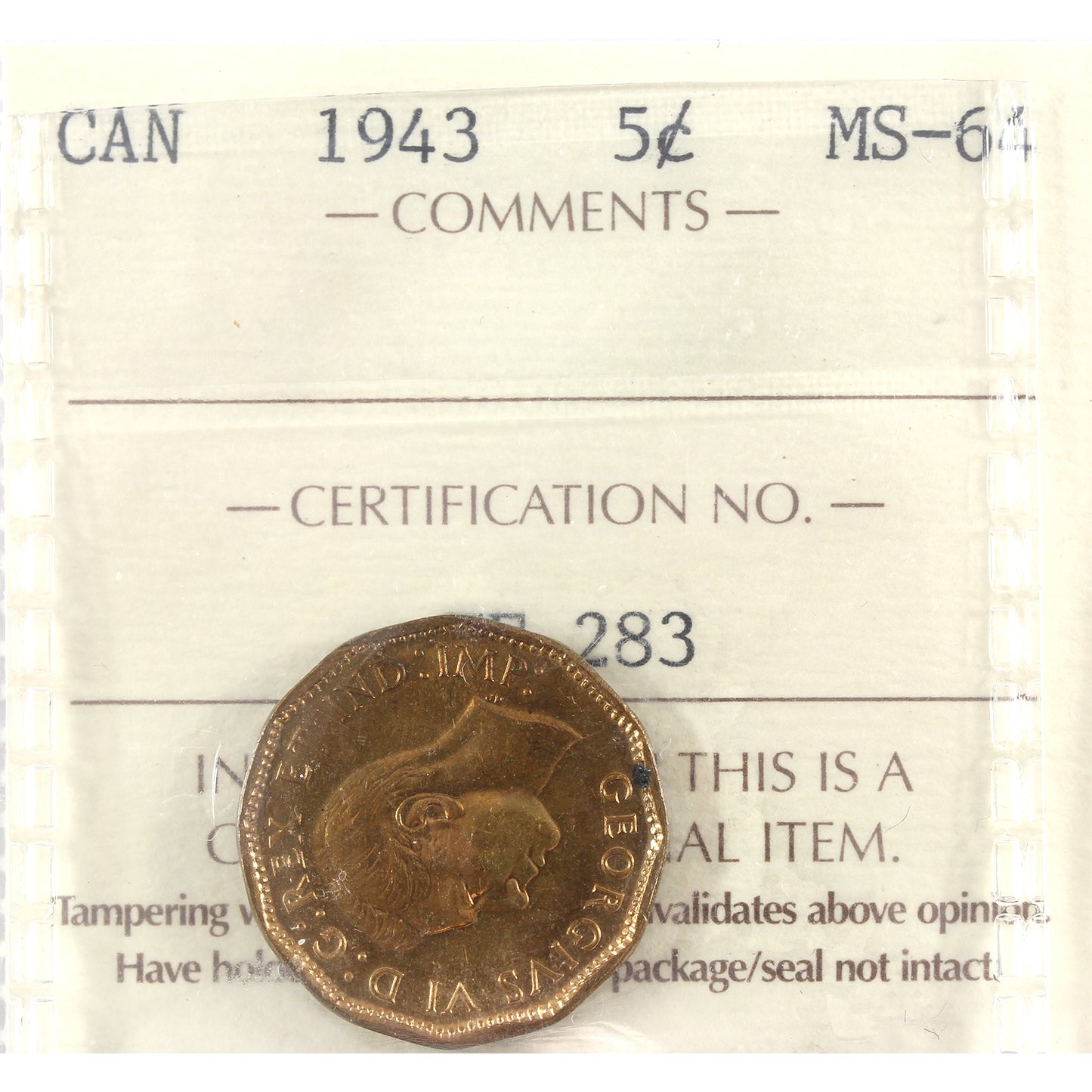 1943 Canada 5-cents ICCS Certified MS-64 (spots)
