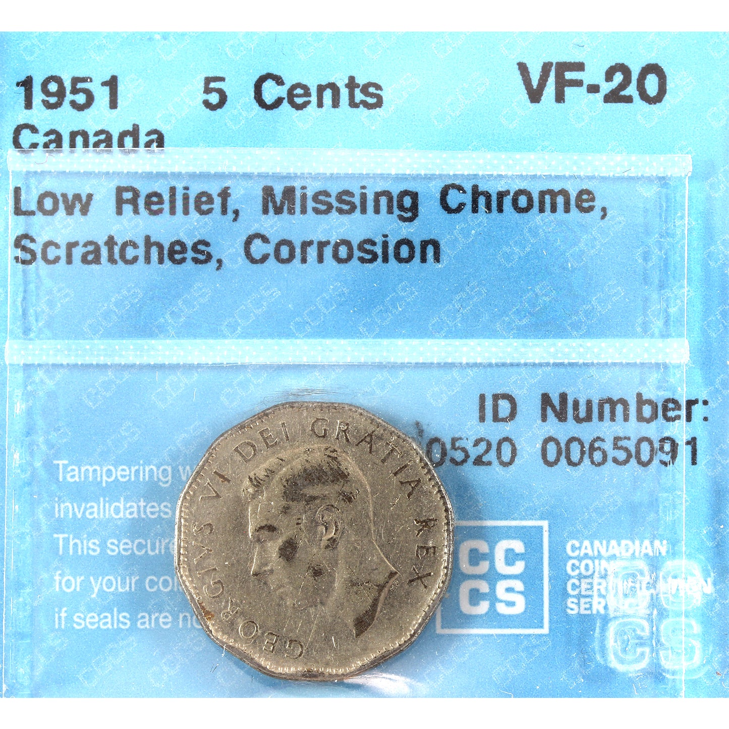 1951 Low Relief, Missing Chrome Canada 5-cents CCCS Certified VF20 (scratches, corrosion)