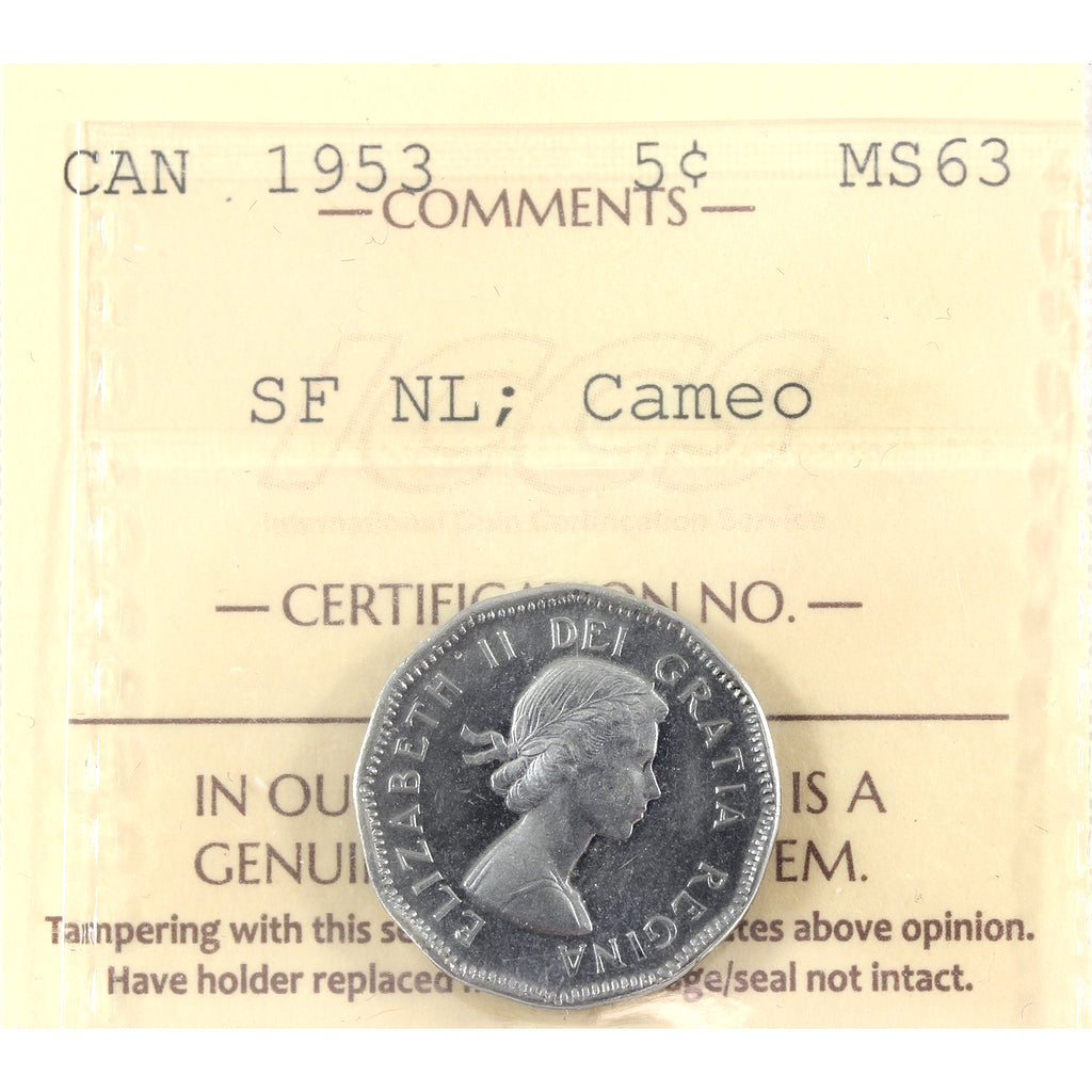 1953 SF, NL Canada 5-cents ICCS Certified MS63 Cameo
