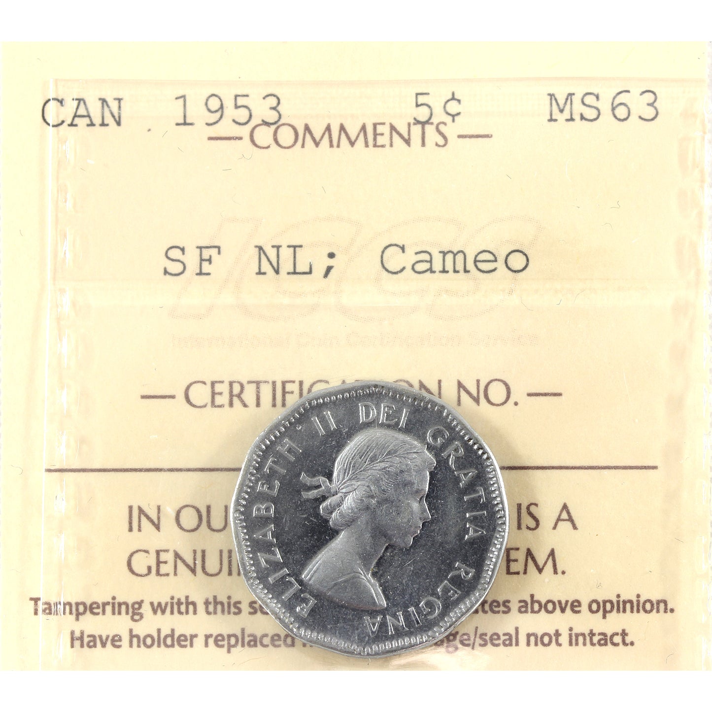 1953 SF, NL Canada 5-cents ICCS Certified MS63 Cameo