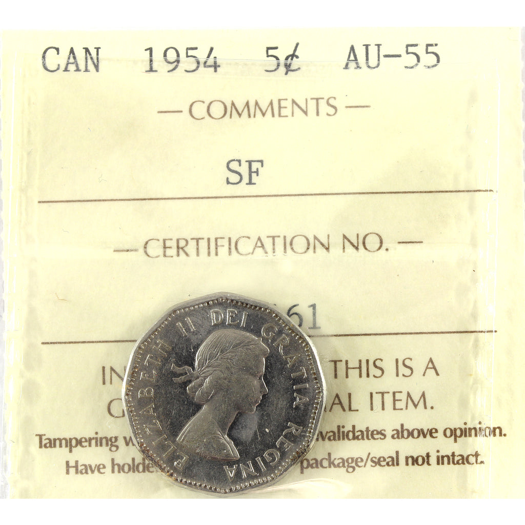 1954 SF, No Chrome Canada 5-cents ICCS Certified AU55