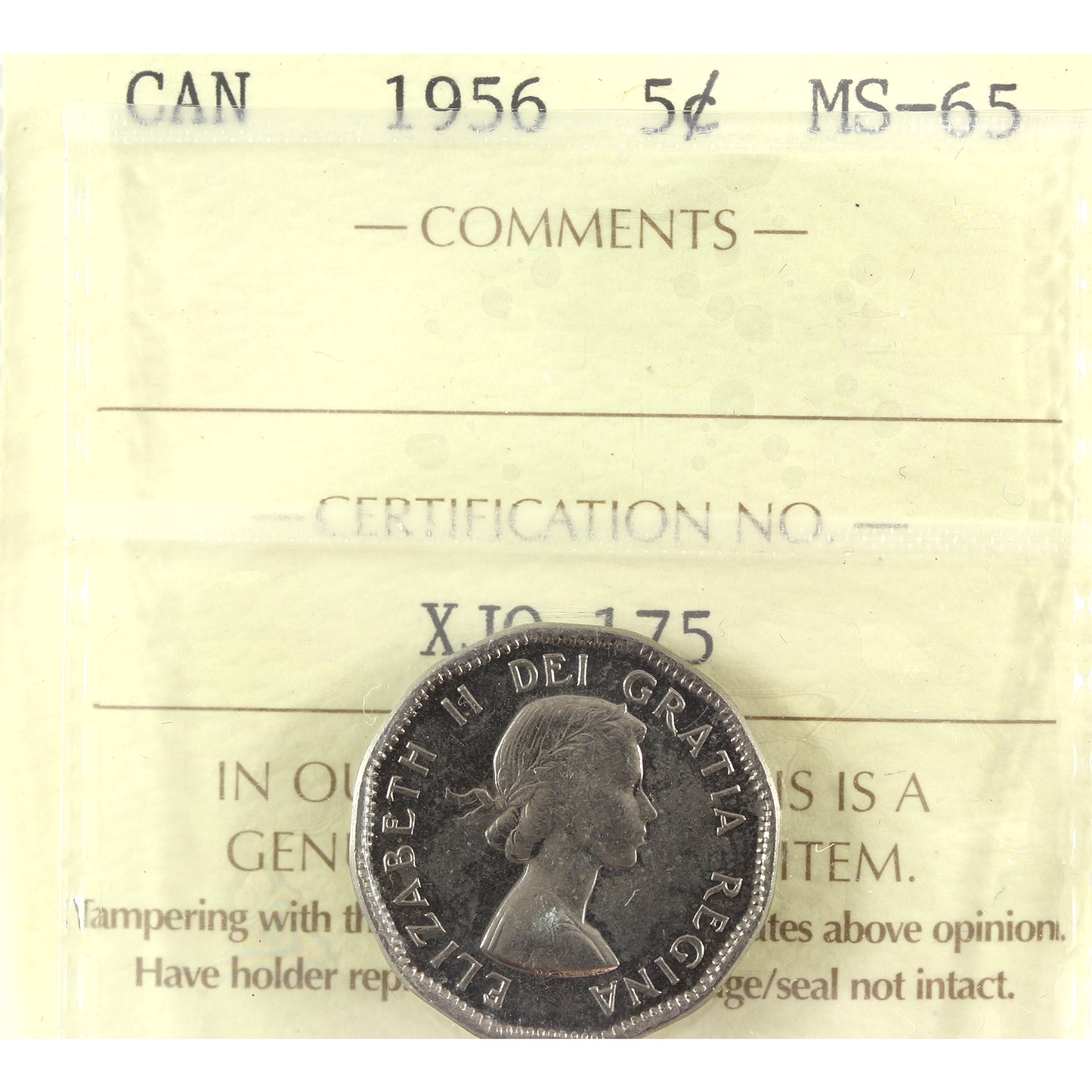 1956 Canada 5-cents ICCS Certified MS65 (toned)
