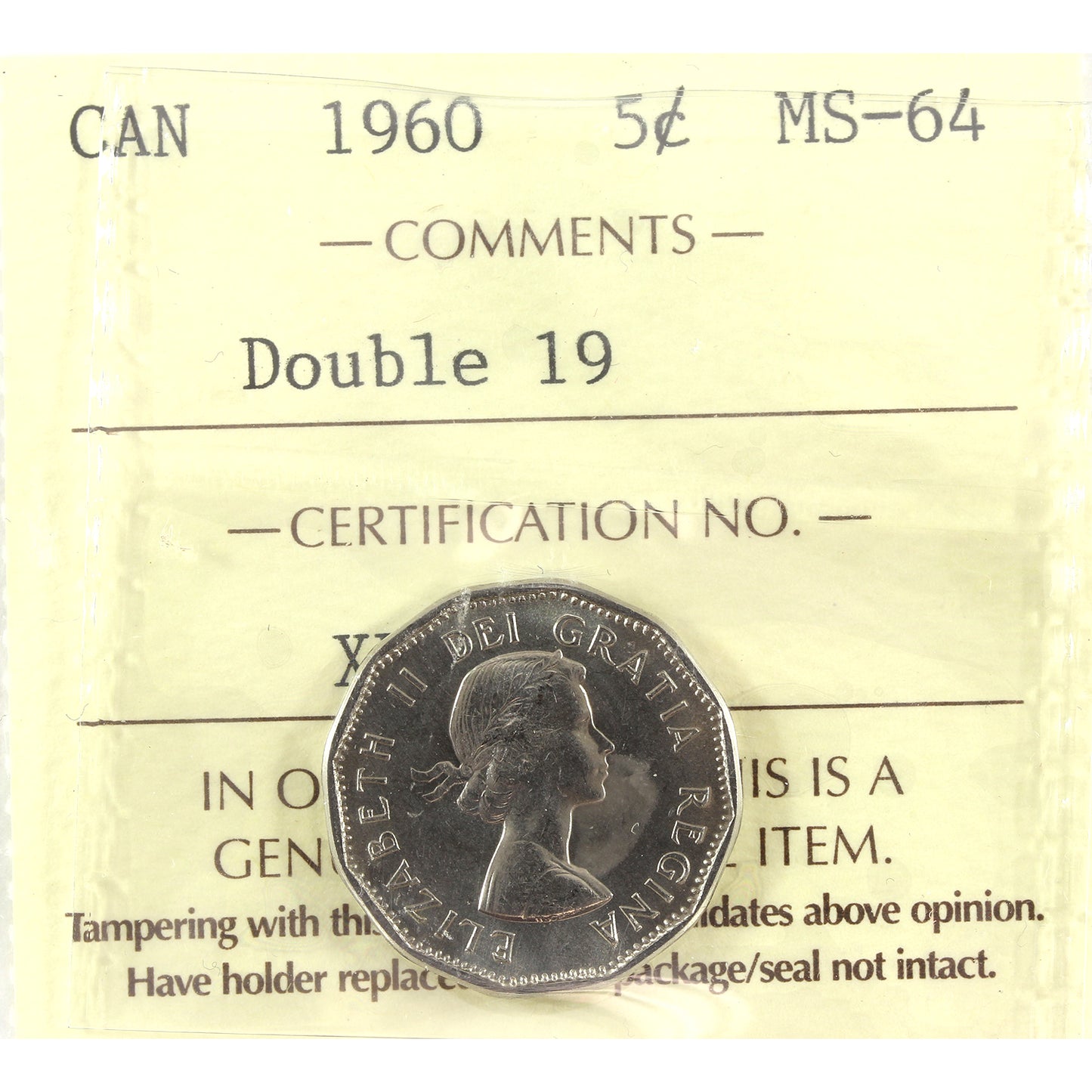 1960 Double 19 Canada 5-cents ICCS Certified MS64