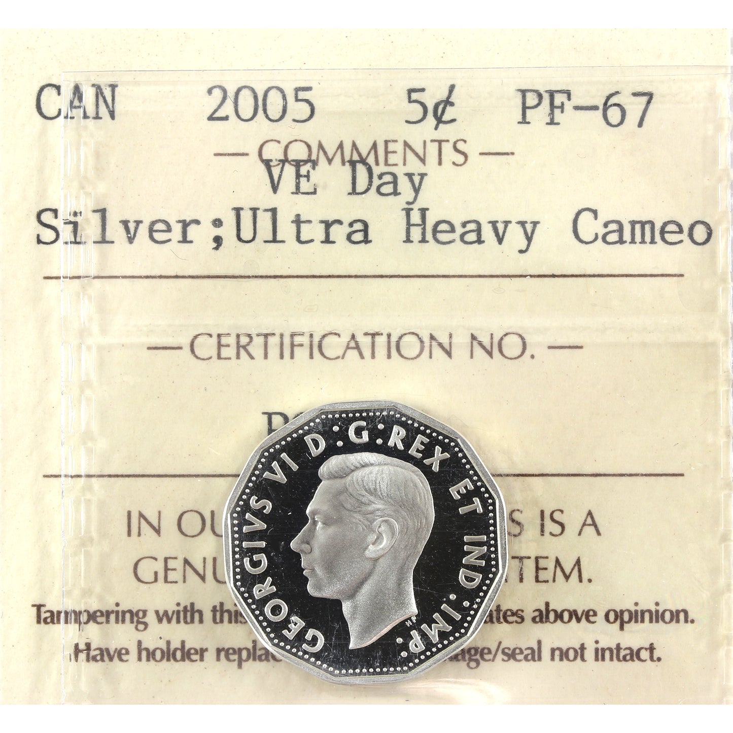 2005 Silver VE Day Canada 5-cents ICCS Certified PF67 Ultra Heavy Cameo