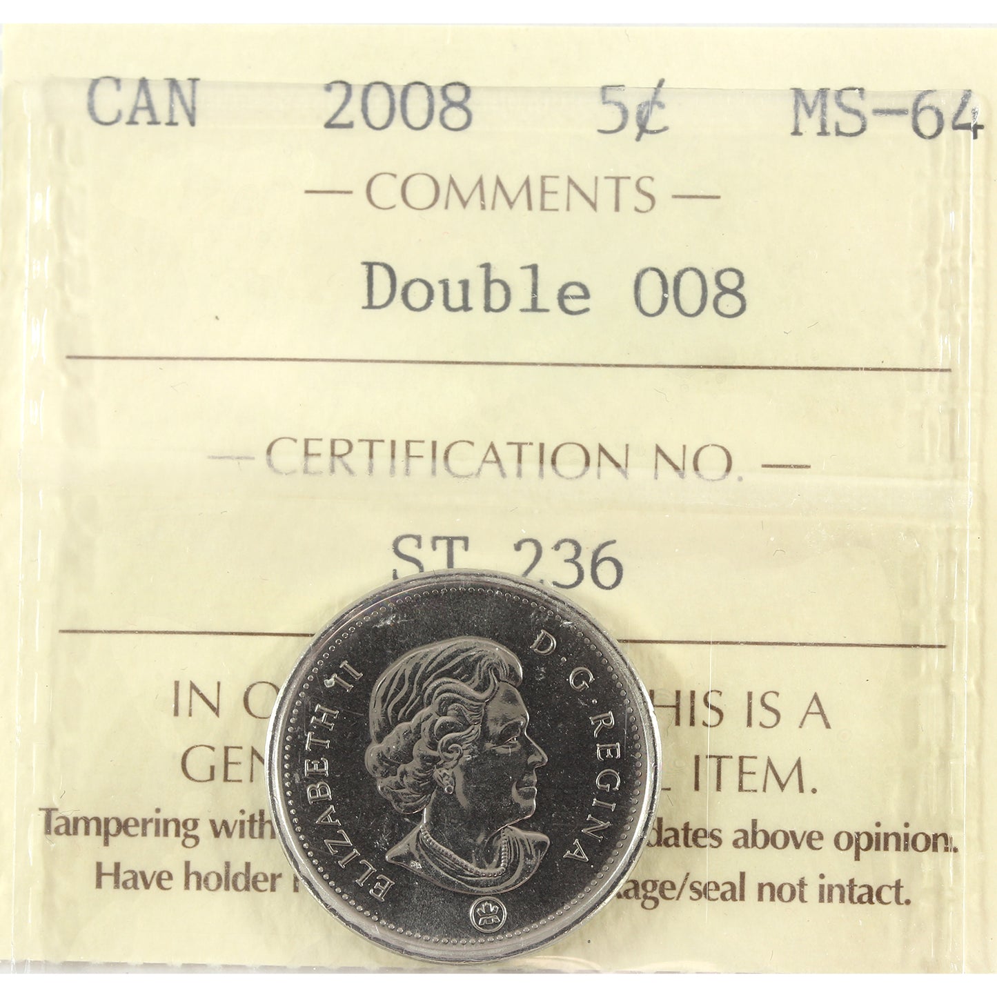 2008 Double 008 Canada 5-cents ICCS Certified MS64