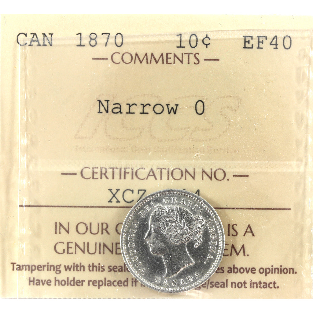 1870 Narrow 0 Canada 10-cents ICCS Certified EF40 (cleaned)