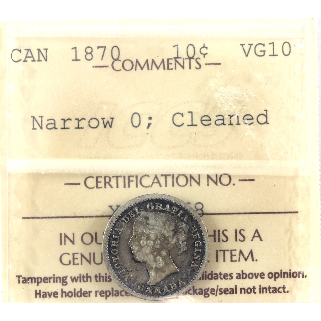 1870 Narrow 0 Canada 10-cents ICCS Certified VG10 (cleaned)