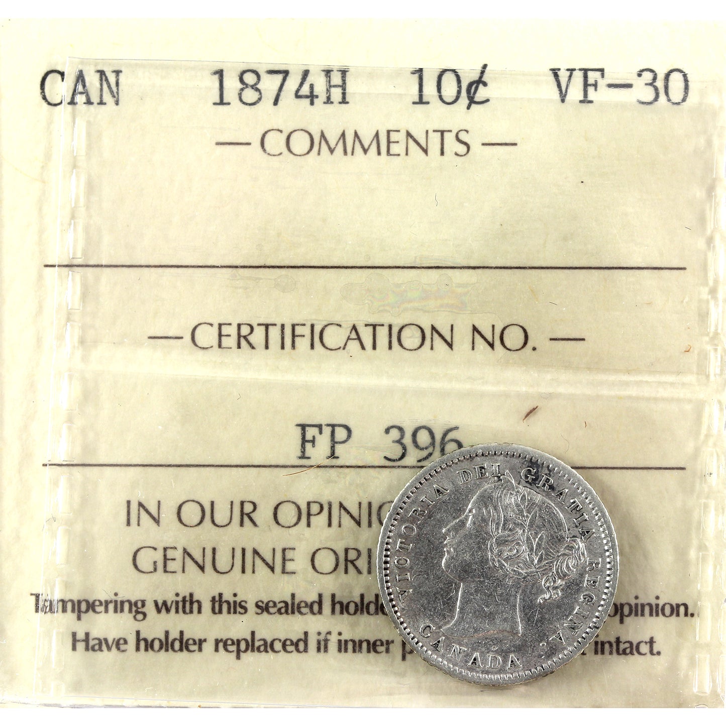 1874H Canada 10-cents ICCS Certified VF30 (cleaned)