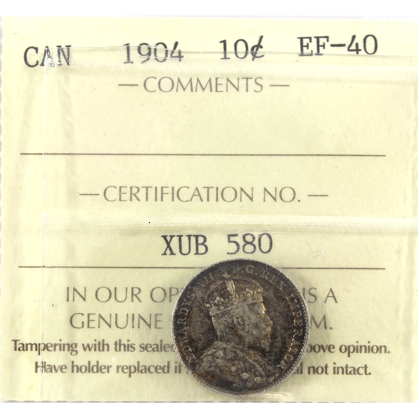 1904 Canada 10-cents ICCS Certified EF40 (toned)