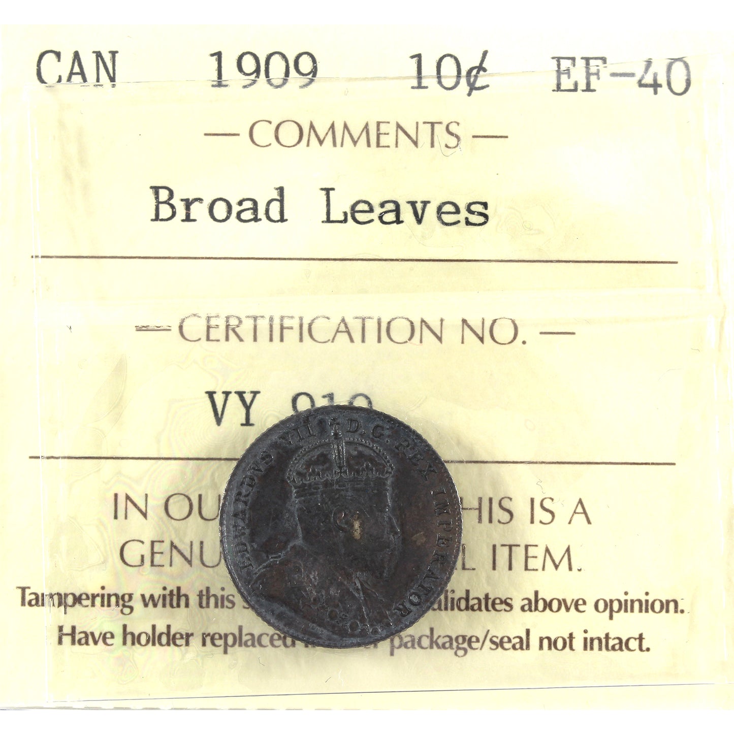 1909 Broad Leaves Canada 10-cents ICCS Certified EF40 (toned)