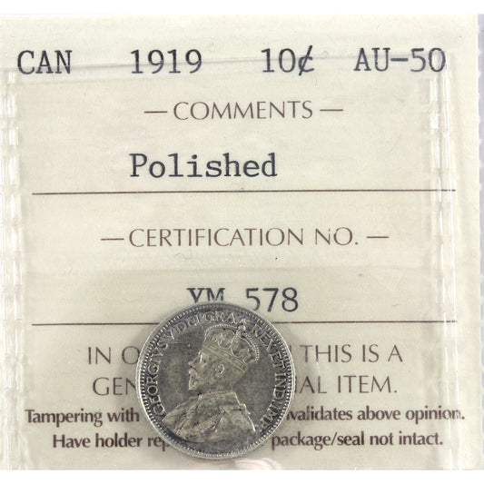 1919 Canada 10-cents ICCS Certified AU50 (polished)