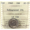 1940 Reengraved 194 Canada 10-cents ICCS Certified AU55
