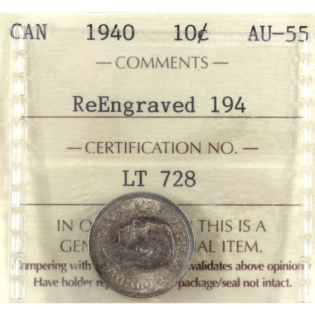 1940 Reengraved 194 Canada 10-cents ICCS Certified AU55