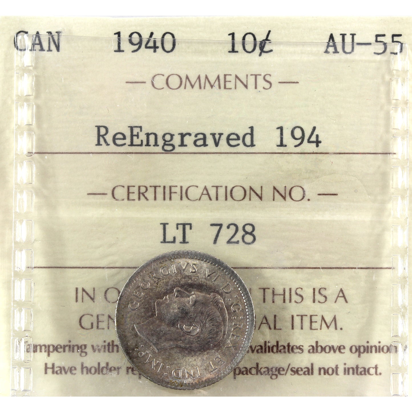 1940 Reengraved 194 Canada 10-cents ICCS Certified AU55