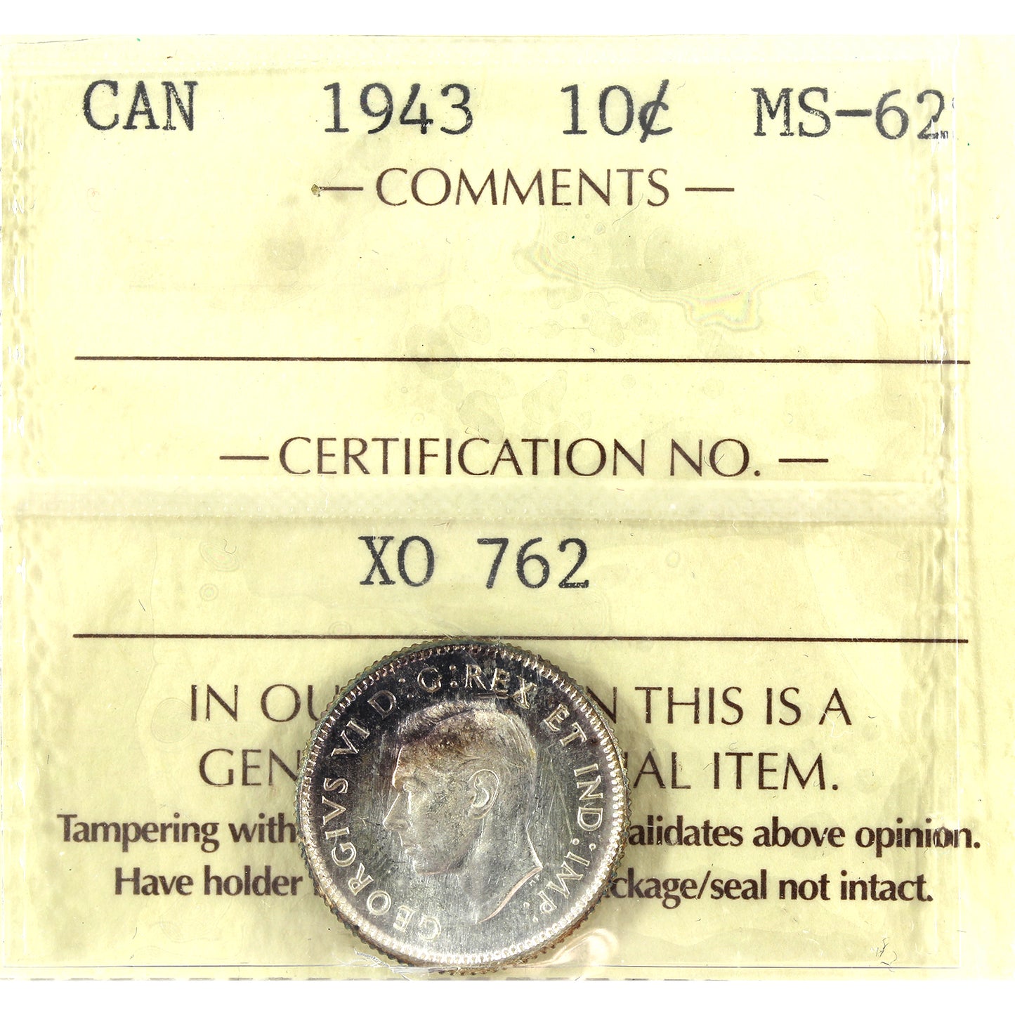 1943 Canada 10-cents ICCS Certified MS62 (toned)