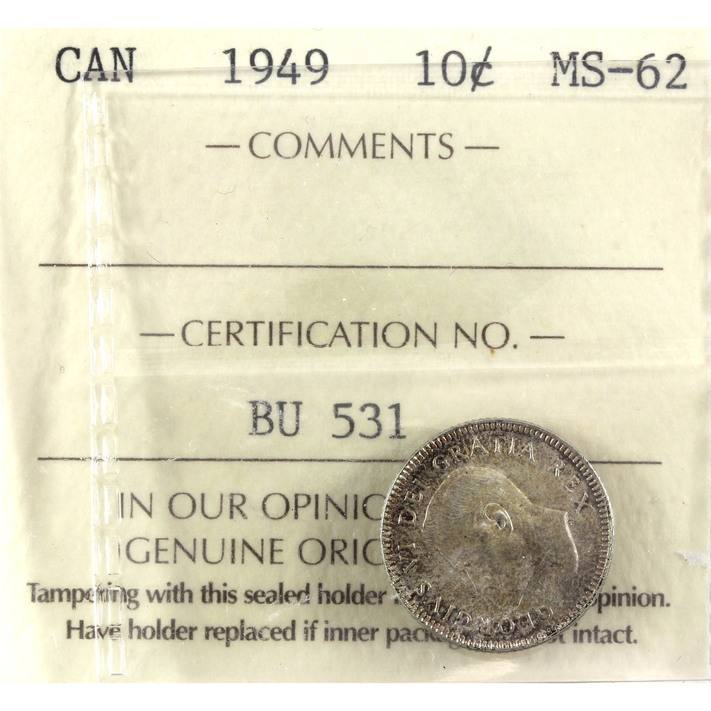 1949 Canada 10-cents ICCS Certified MS62 (toned)