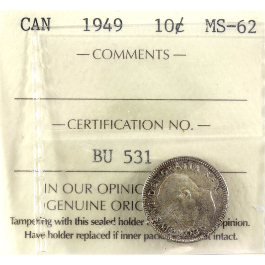 1949 Canada 10-cents ICCS Certified MS62 (toned)