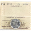 1950 Canada 10-cents ICCS Certified MS64 (fingerprint)