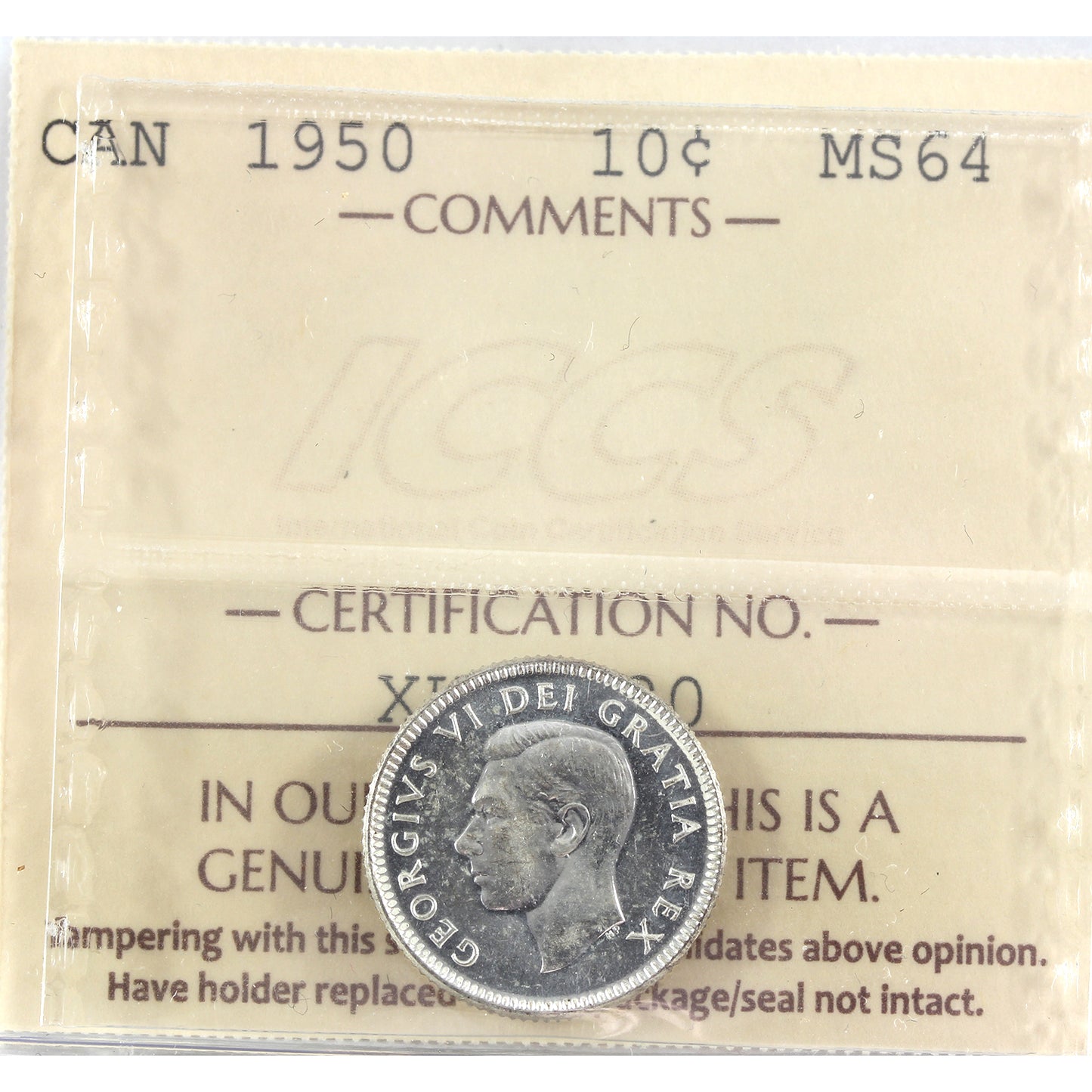 1950 Canada 10-cents ICCS Certified MS64 (fingerprint)