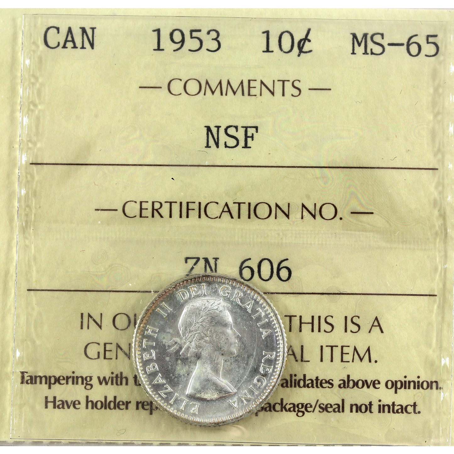 1953 NSF Canada 10-cents ICCS Certified MS65 (toned)