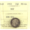 1953 NSF Canada 10-cents ICCS Certified MS64 (toned)