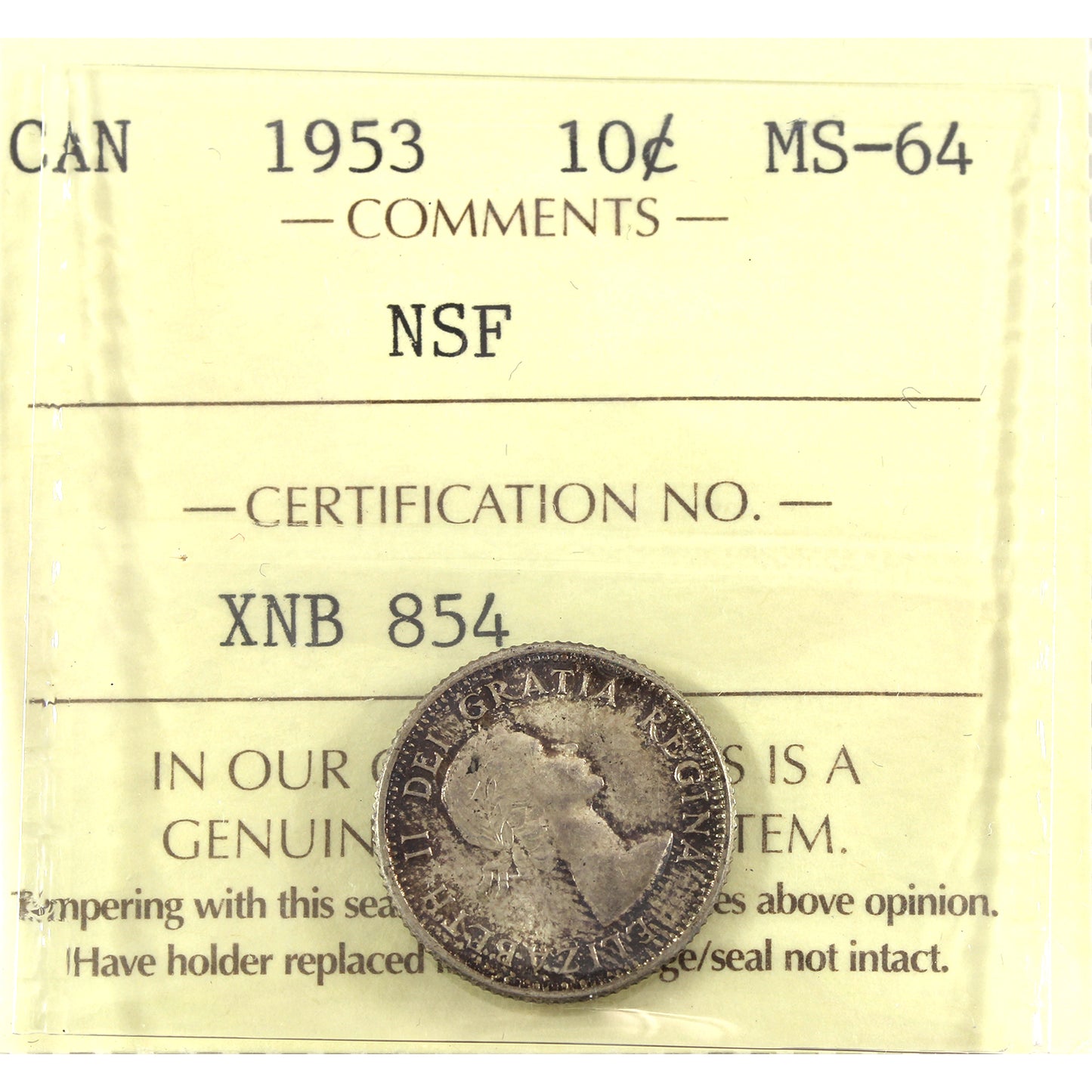1953 NSF Canada 10-cents ICCS Certified MS64 (toned)